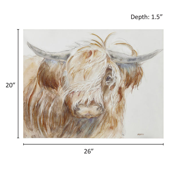 JLA Home INK+IVY - Hand Embellished Highland Bull Canvas with Textured Windswept Mane, 26"x20" Farmhouse Gallery Accent II95C-0158