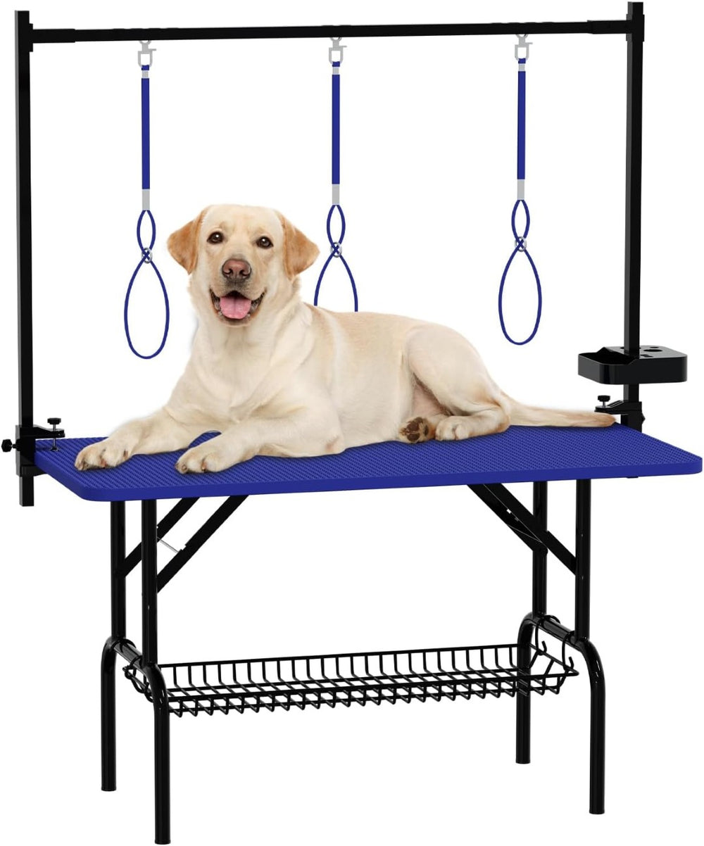 English Elm 47'' Foldable Dog Grooming Table X-lift Adjustable Height Station with Arm Noose Organizer Blue W3587P358743