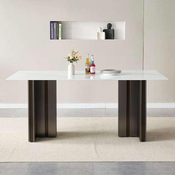 English Elm 69.30 Inch Rectangular Dining Table Marble Pattern Top with Polished Steel Legs Seats Six W3357S00002