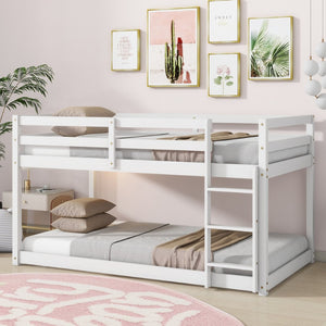 English Elm Solid Rubberwood Twin-Over-Twin Floor Bunk Bed With Ladder, Sturdy Slats & Stylish White Finish W504P191666-GIGA