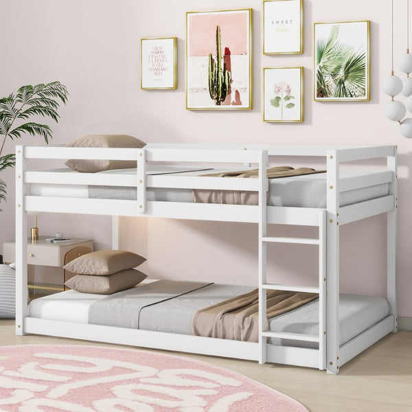 English Elm Solid Rubberwood Twin-Over-Twin Floor Bunk Bed With Ladder, Sturdy Slats & Stylish White Finish W504P191666-GIGA