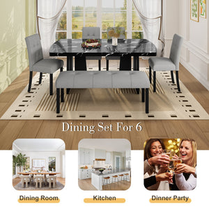 English Elm 6 Piece Dining Set with Rectangular Solid Wood Table, Upholstered Chairs & Bench, Rustic Charm, Easy Assembly, Seats 6 Black+ Gray N752S000011B