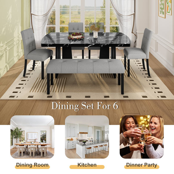 English Elm 6 Piece Dining Set with Rectangular Solid Wood Table, Upholstered Chairs & Bench, Rustic Charm, Easy Assembly, Seats 6 Black+ Gray N752S000011B