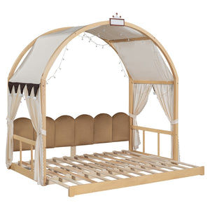 English Elm Twin Pinewood Ground-Level Canopy Bed with Arched Roof and Trundle for Kids—Whimsical, Sturdy Design Natural N820P181648N