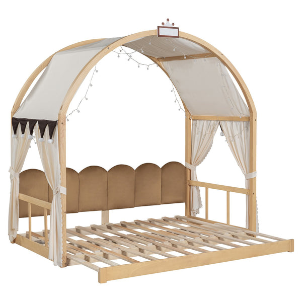 English Elm Twin Pinewood Ground-Level Canopy Bed with Arched Roof and Trundle for Kids—Whimsical, Sturdy Design Natural N820P181648N