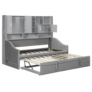 English Elm Twin Upholstered Daybed with LED Armrest Lighting, Hidden Storage Shelves & Lift-Up Pull-Out Trundle Gray SF000198AAE