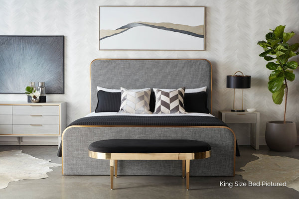 Sunpan TOMETI Full Bed - Chacha Grey Upholstered Frame with Curved Headboard & Brushed Gold Trim Accents 109578