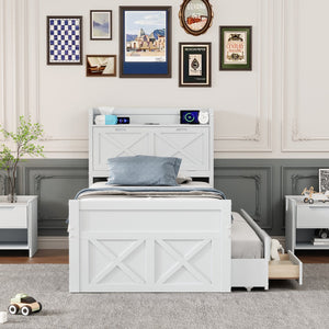 English Elm Twin Storage Bed with Headboard Outlets, Extendable Trundle & 3 Drawers, Durable MDF/Plywood Design White 80.5 L x 17.75 W x 5.25 H N733S172839K