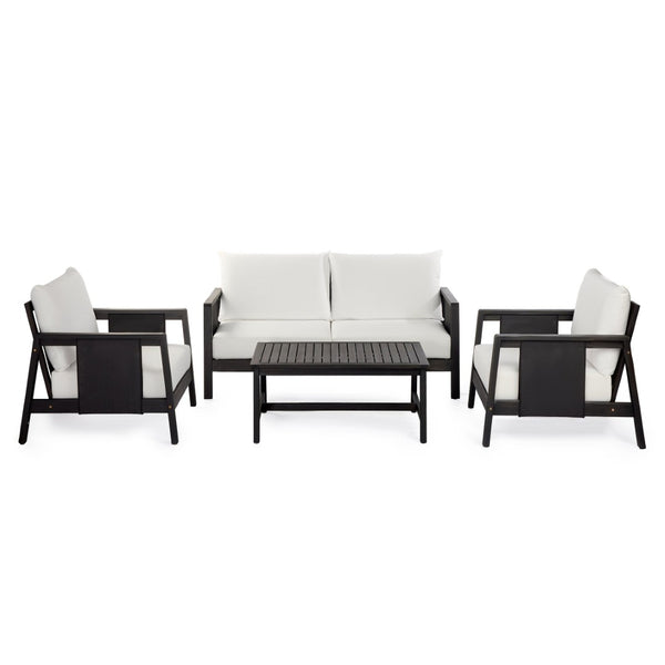 English Elm 4-pieces Acacia Wood Outdoor Conversation Set with Loveseat Club Chairs Patio Table Dark Grey,White+Black N768P368824D_N768P368823D_2