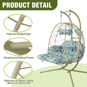 English Elm 2 Person Wicker Hanging Egg Chair with Stand Padded Cushions Patio Swing Seat T5880P500219