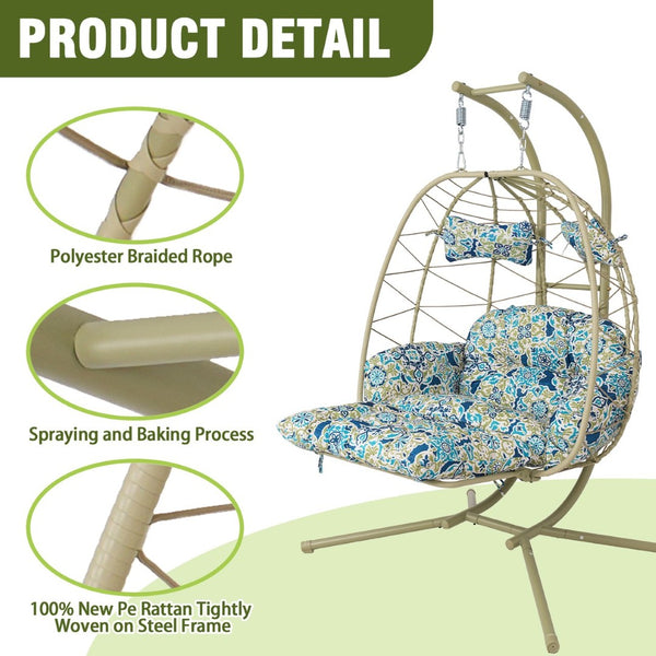English Elm 2 Person Wicker Hanging Egg Chair with Stand Padded Cushions Patio Swing Seat T5880P500219