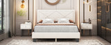 English Elm Simple Queen Size Upholstered Bed Frame With Rivet Design, Modern Velvet Platform Bed With Headboard, Beige