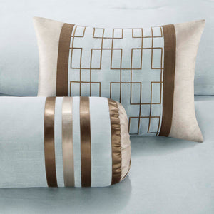 JLA Home Madison Park - 7 Madison Park Comforter Set with Light Blue Center, Taupe & Chocolate Borders for Hotel-Style Bedroom Elegance, Easy-Care Polyester Finish 90 L x 90 W x 1.5H MP10-280