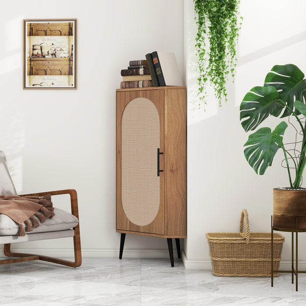 English Elm Corner freestanding rattan cabinet with metal base, slim corner shelf stand for living room space-saving storage and soft-touch black handle Walnut W688P160406