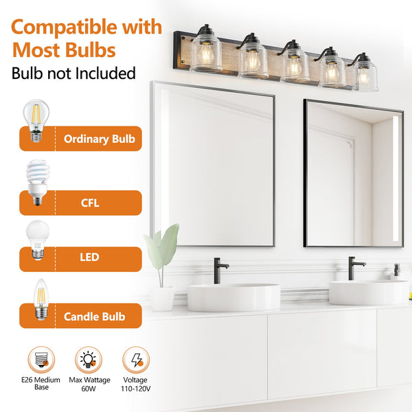 English Elm 40" Farmhouse Vanity Light Fixture - 5-Light Industrial Wall Sconce with Clear Seeded Glass & Wood Backboard, Black Finish W1340P251919