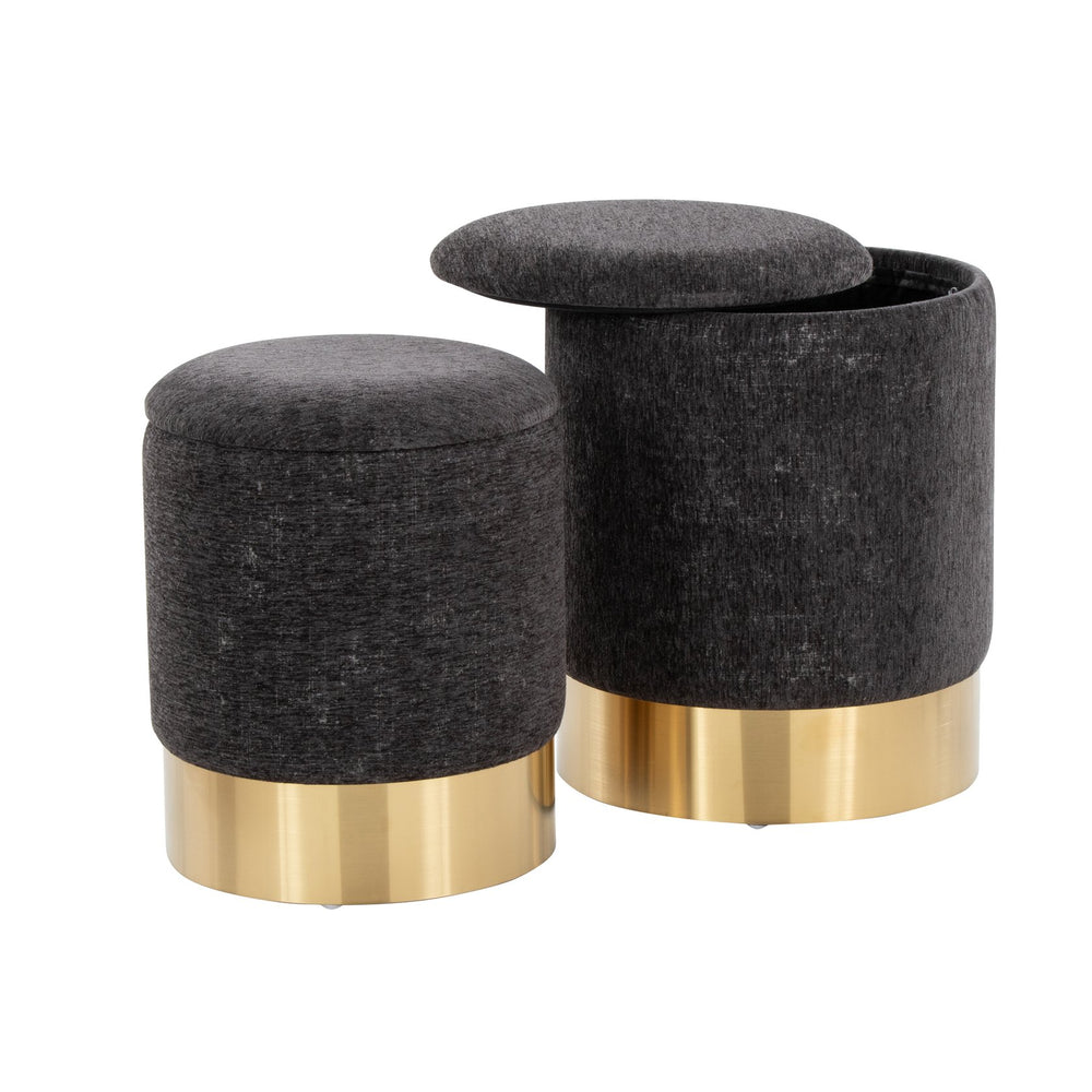 English Elm Marla Plush Nesting Ottoman Set with Gold Metal Base — Glam Contemporary Seating and Space-Saving Design Black B202P223730