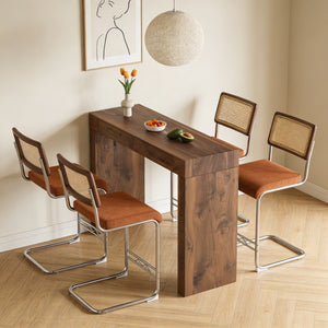 English Elm 4-piece Velvet Barstool Set with Rattan Backs and Walnut Storage Counter Table W2920S00115