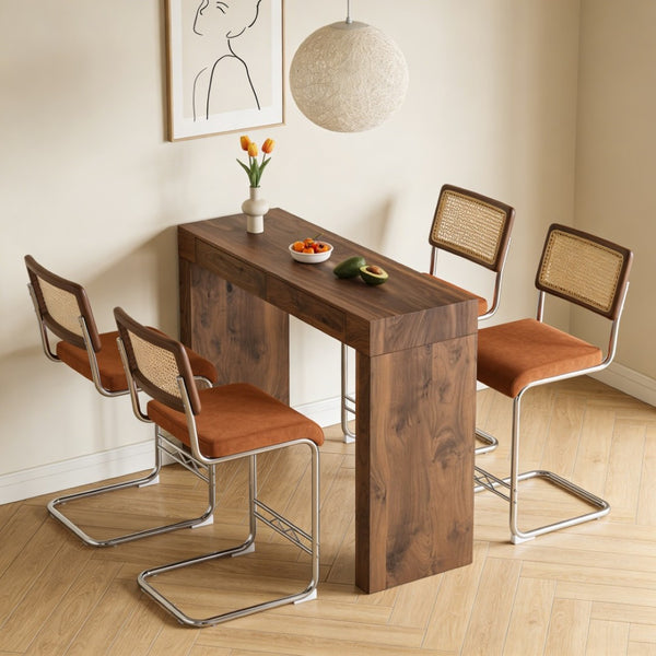 English Elm 4-piece Velvet Barstool Set with Rattan Backs and Walnut Storage Counter Table W2920S00115