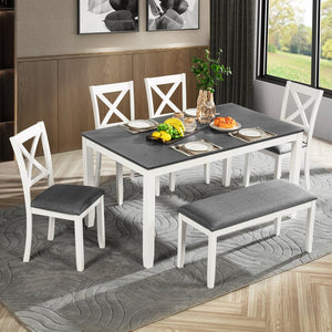 English Elm 6-Piece Modern Farmhouse Dining Table Set With Bench & Chairs, Grey & White, Comfortable Seating W1998S00064