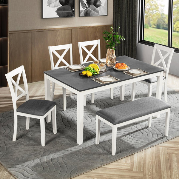 English Elm 6-Piece Modern Farmhouse Dining Table Set With Bench & Chairs, Grey & White, Comfortable Seating W1998S00064