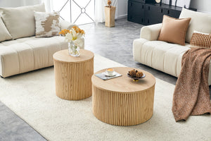 English Elm 2-piece Round Nesting Tables with Fluted Column Base Hidden Storage Oak Grain Finish Wood W3875P396797