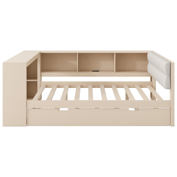 English Elm Wood Twin Platform Bed Linen Headboard Storage Shelves Trundle Charging Station Cream N709P004024C