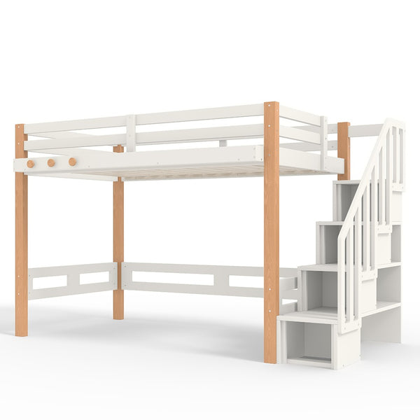English Elm Twin Pine Wood Loft Bed with Built-in Shelving and Hook for Kids Bedroom W5305S00010