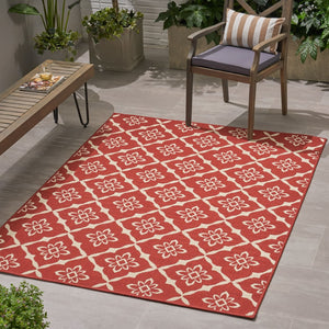 Christopher Knight Home® - Noble House - Tallevast Outdoor 5'3" X 7' Trellis Area Rug, Red and Ivory