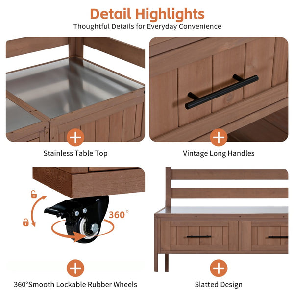 English Elm Topmax Modular Fir Wood Outdoor Kitchen Cart Stainless Steel Prep Station Brown N717P417963D