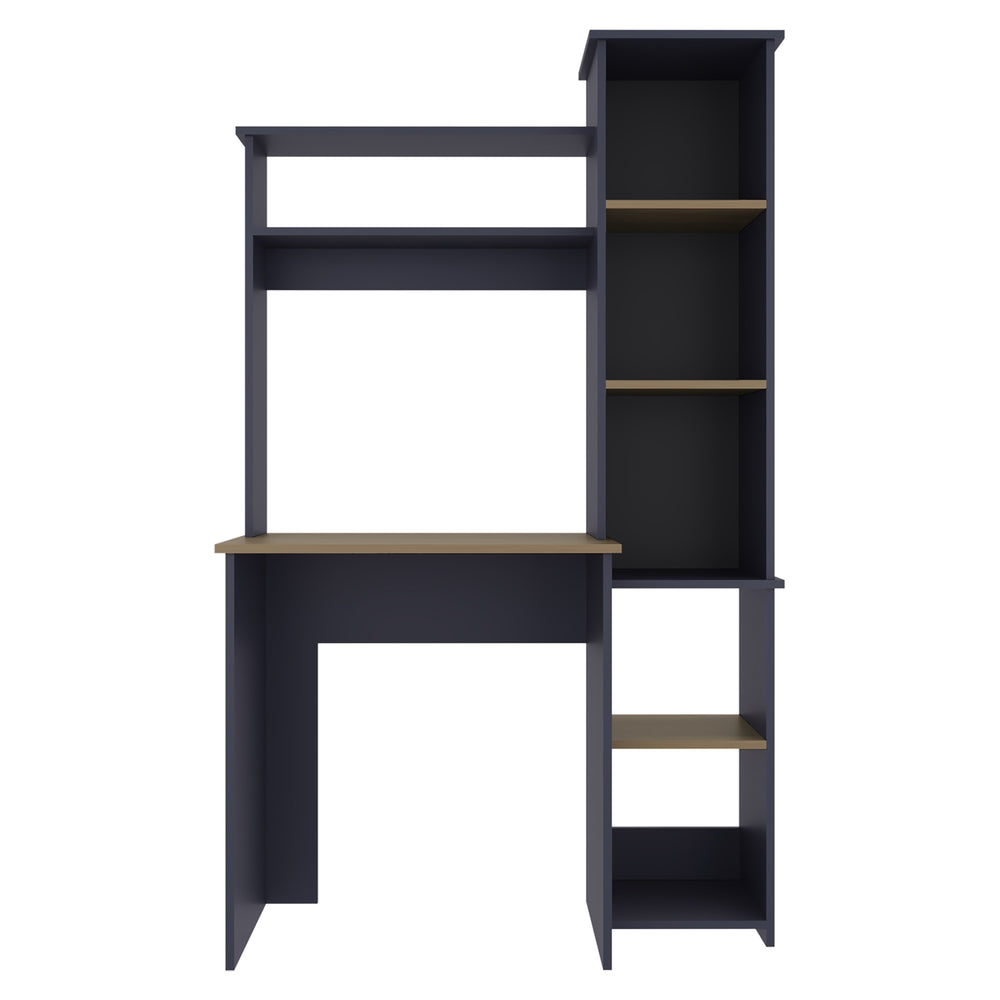 English Elm Desk Aramis 64" H with 7 Open Shelves in Alby Blue & Natural Oak — Modern Spacious Home Office Hub B097P395864