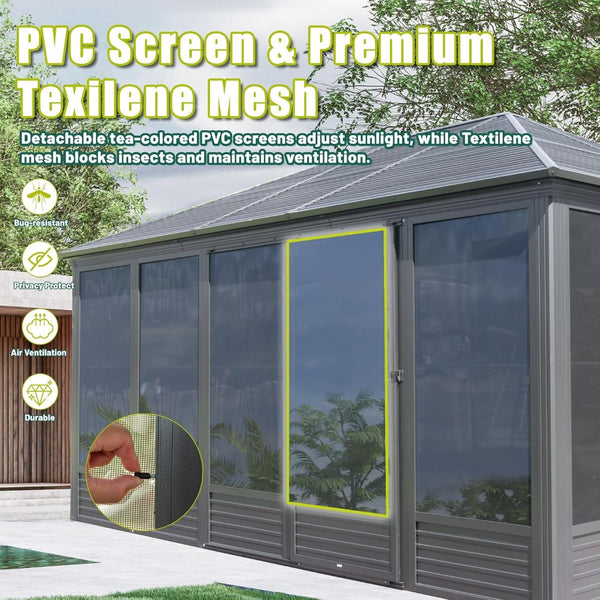 English Elm 11.2x14.6ft Aluminum Solarium Hardtop Gazebo with Steel Roof and Sliding Door W1859P276734