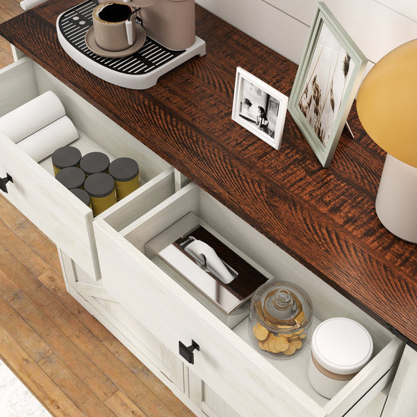 English Elm Farmhouse Barn Door Tilt-Out Trash Cabinet with Waterproof Woodgrain Top, 2 Drawers, 2x10gal Storage W2557P237960