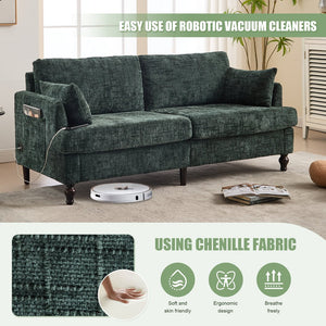 English Elm Modern chenille 2-seater sofa with LED lighting, USB charging, storage pocket, sturdy wood legs Emerald W395P318546