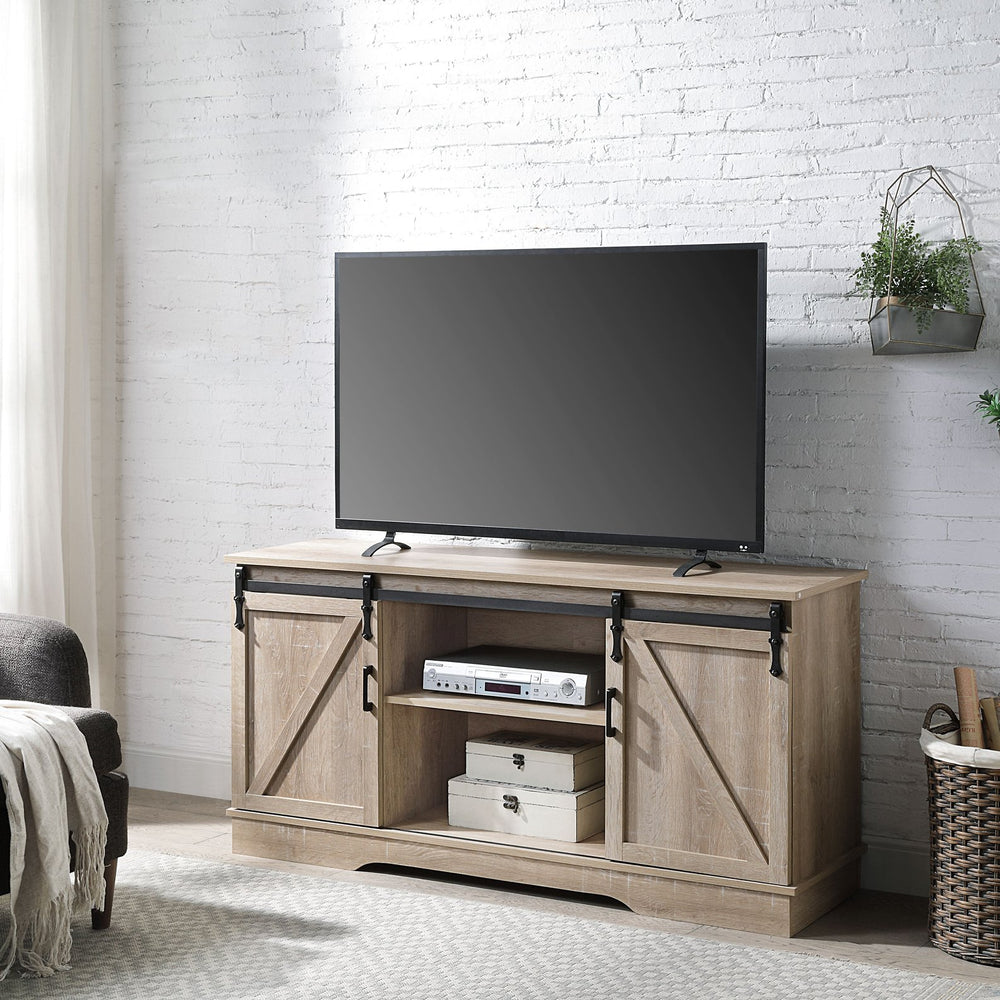 English Elm Oak Modern TV Stand with 2 Sliding Barn Doors, Cable Management, Wide Storage for TVs up to 65" B062P182853