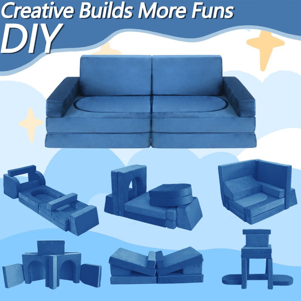 English Elm 12 Piece Modular Foam Play Couch Set Velvet Convertible Sofa Fort for Kids Playroom Blue T5880P493411