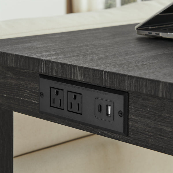 English Elm 59 Inch Bar Table with Built-In Power Outlet and 3 Upholstered Stools, Sturdy MDF & Solid Wood Design for Kitchen Dining Living Room Black W2972P277847