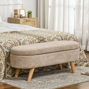 English Elm HOMCOM Plush Teddy Fleece Storage Ottoman Bench 43.3" Oval Upholstered Seat with Wood Legs, Beige W2225P229334