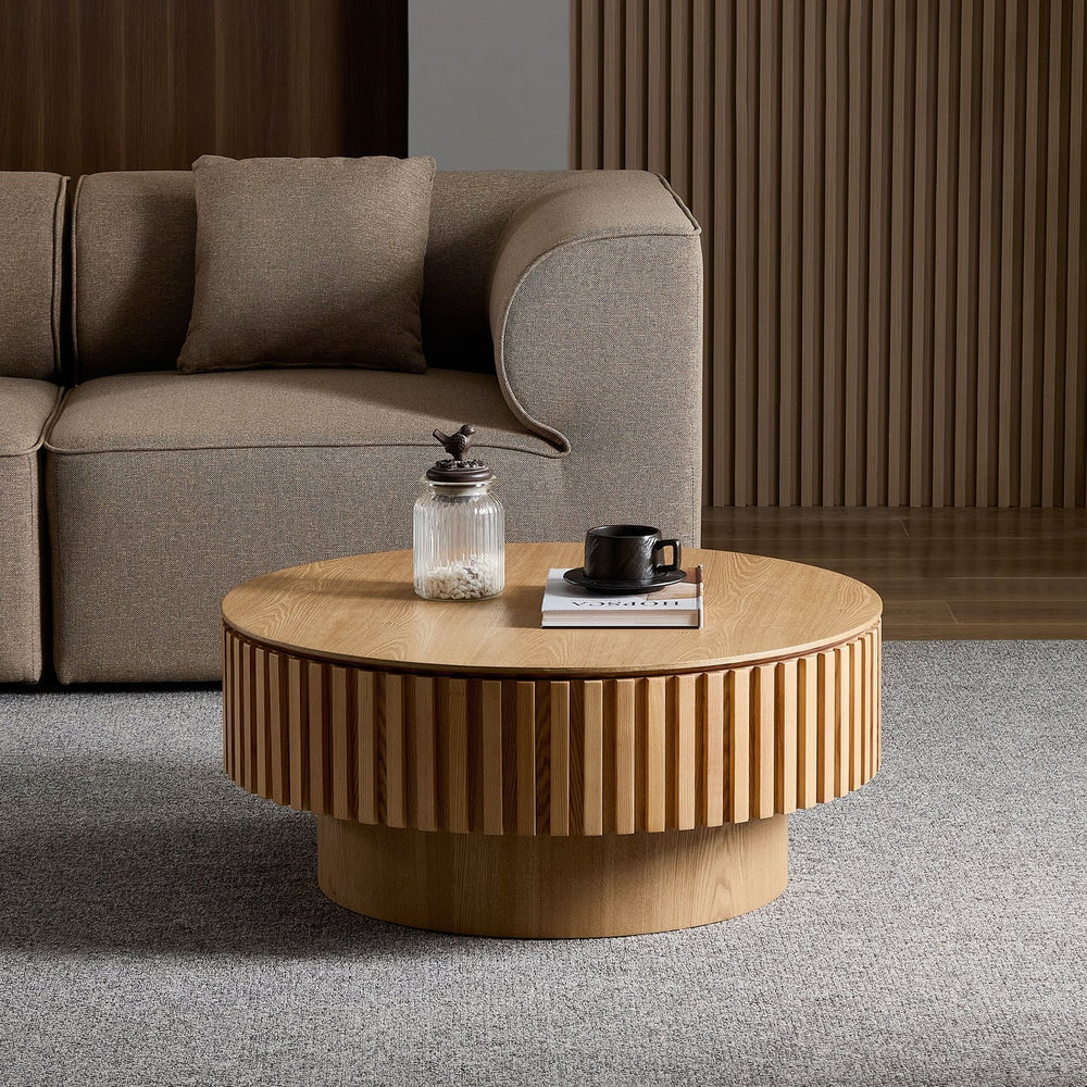 English Elm 31.49'' Round Coffee Table with Hidden Storage, Space-Saving Modern Pedestal Design for Apartments Natural Ash W876P365234
