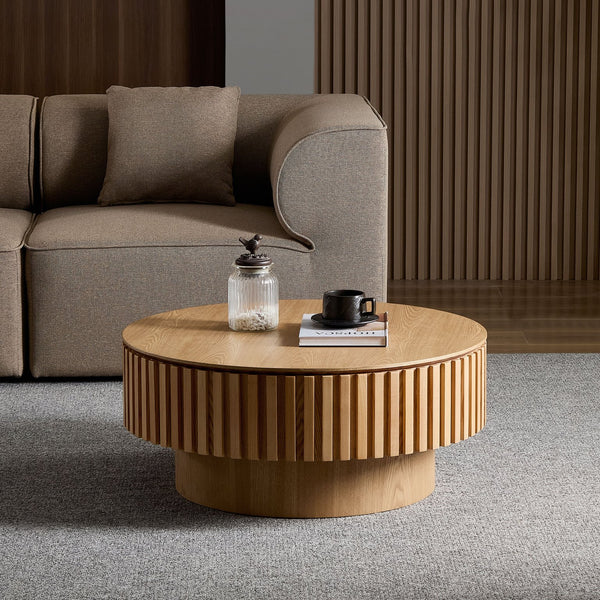 English Elm 31.49'' Round Coffee Table with Hidden Storage, Space-Saving Modern Pedestal Design for Apartments Natural Ash W876P365234
