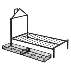 English Elm Twin Metal Platform Bed with House-Style Headboard, Sturdy Slatted Frame & Smooth Underbed Drawers for Kids and Teens (300 lb Capacity) Black MF320570AAB