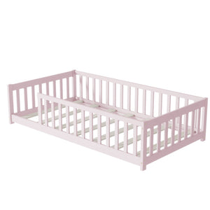 English Elm Twin Solid Rubberwood Floor Bed with Full Perimeter Safety Rails for Toddler Rooms Pink W504P296798
