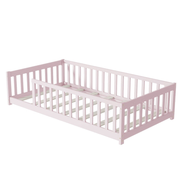 English Elm Twin Solid Rubberwood Floor Bed with Full Perimeter Safety Rails for Toddler Rooms Pink W504P296798