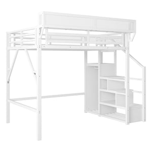 English Elm Full Size Loft Bed With Stairs & Shelves - Stylish Metal High Loft Bed For Kids & Teens, White Finish W2580S00032