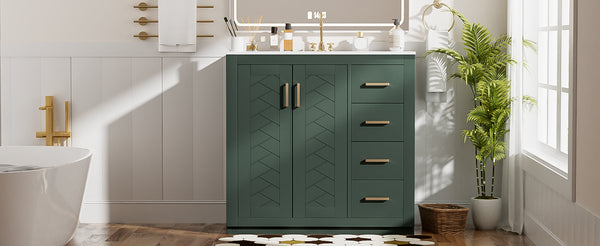 English Elm 36'' Bathroom Vanity with Ceramic Sink Combo Solid Wood Frame Soft-Closing Drawers Ample Storage Elegance Green N710P243327F