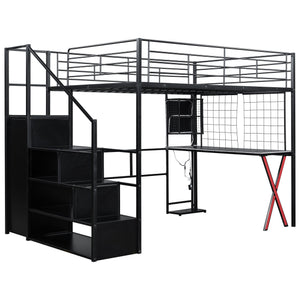 English Elm Full Full Size Metal Loft Bed with Built-In Desk, Wardrobe & Stair Storage, LED Lights, Space-Saving Black GX000663AAB