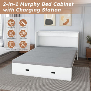 English Elm 57 Inch Murphy Bed Cabinet with Storage Drawers Charging Station and Rolling Casters White W509S00155