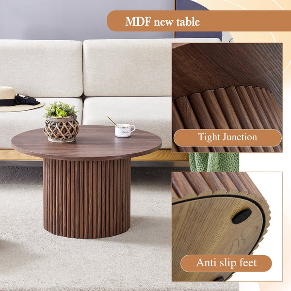 English Elm A modern circular coffee table Walnut MDF with hidden storage, cylindrical textured legs, polished edge detail, 27.5" diameter W1512P410543