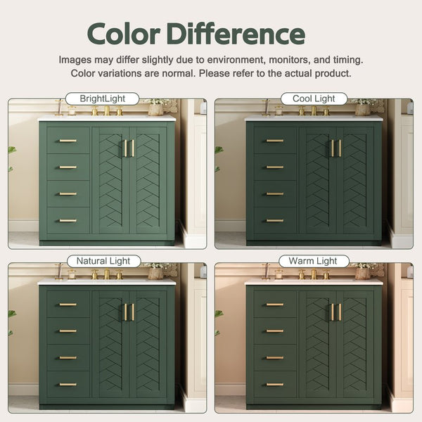 English Elm 36'' Bathroom Vanity with Ceramic Sink Combo, Solid Wood Frame, Soft-Close Drawers and Stylish Retro Groove Design Green N710P291684F