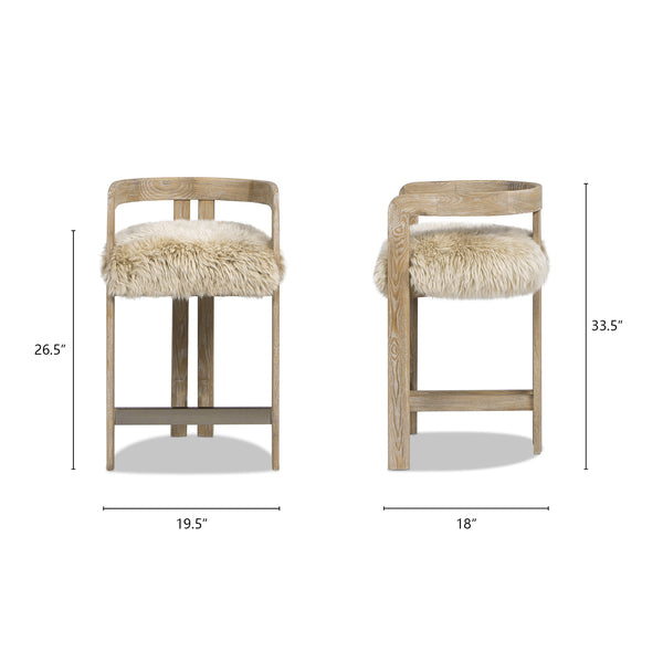 English Elm Jennifer Taylor Home - Millwick Rustic 26.5" Low Back Counter Stool with Genuine New Zealand Sheepskin Fur, Blonde Finish B2719P281851