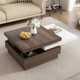 Rotatable Top Modern Square Coffee Table, Wood Grain Design, Hidden Storage, White+Brown